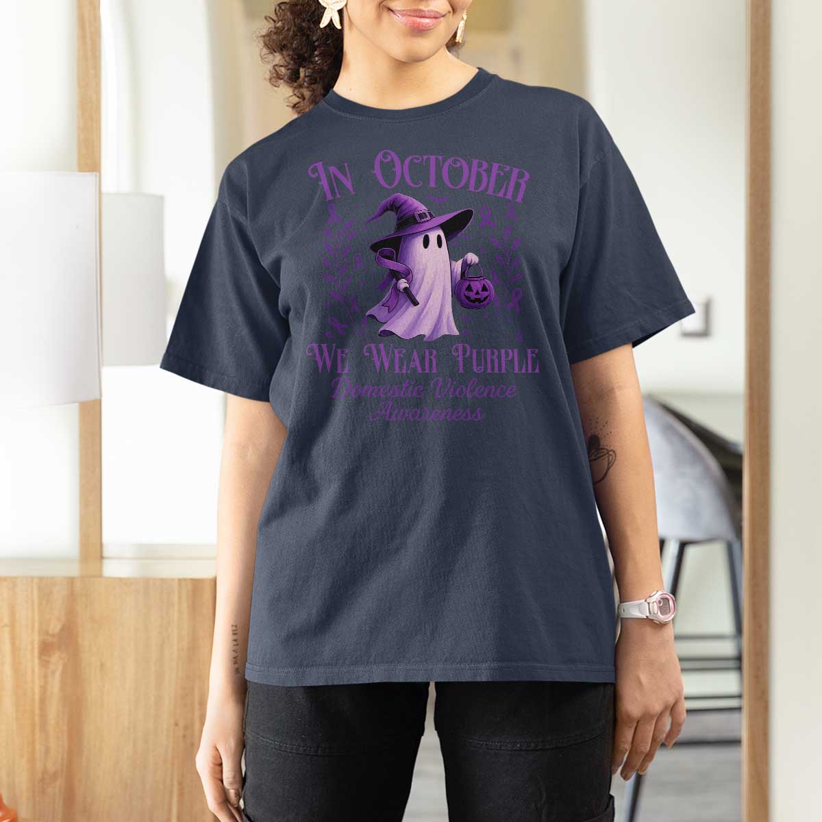 Domestic Violence Awareness T Shirt For Women Halloween October Wear Purple Ghost - Wonder Print Shop