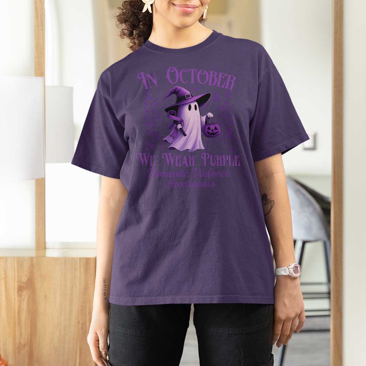 Domestic Violence Awareness T Shirt For Women Halloween October Wear Purple Ghost - Wonder Print Shop