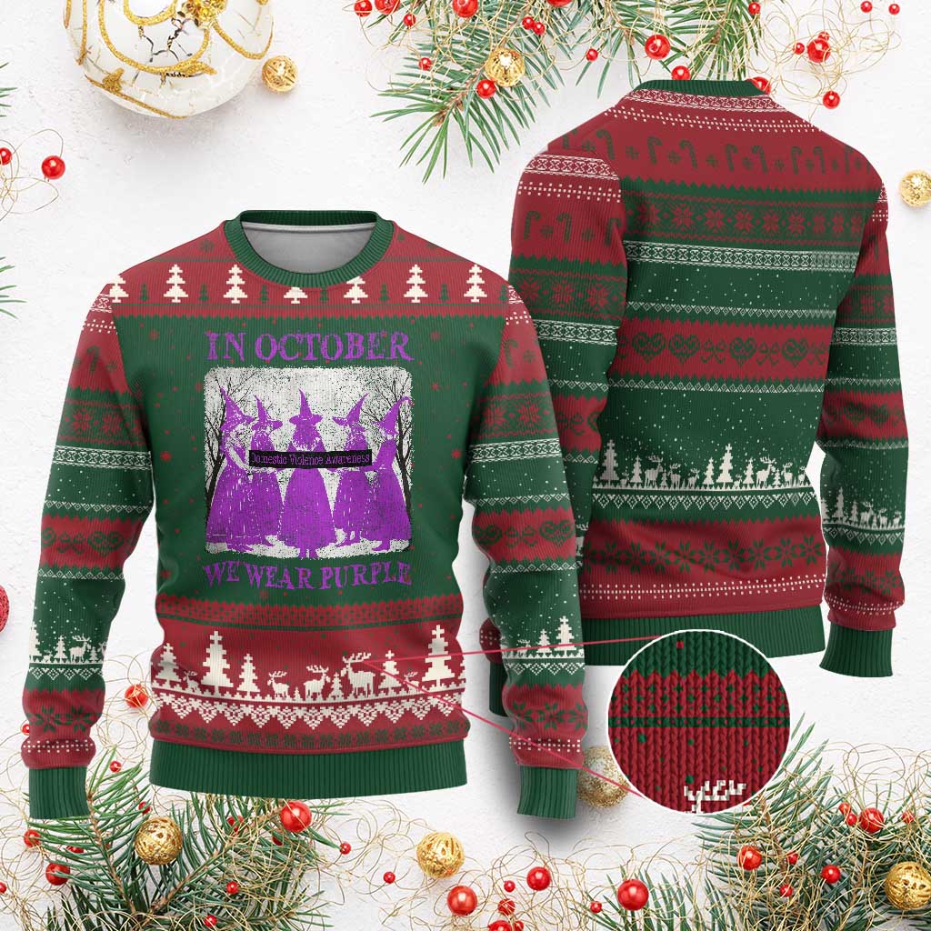 Retro In October We Wear Purple Witch Domestic Violence Awareness Ugly Christmas Sweater - Wonder Print Shop