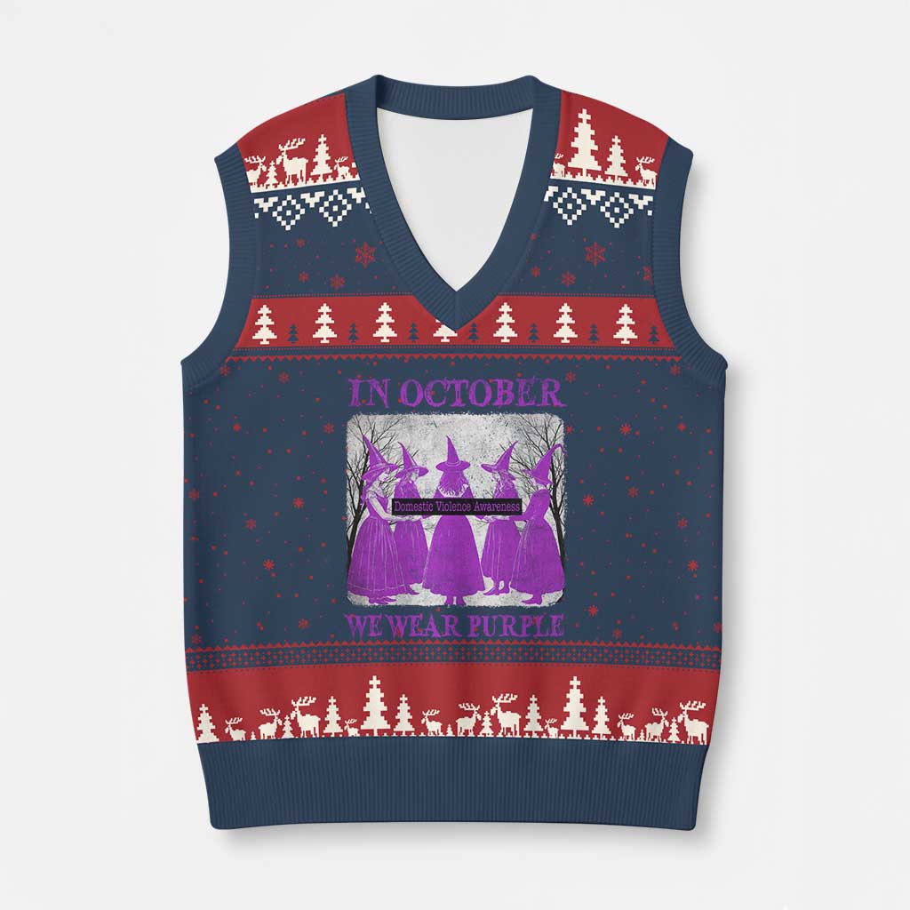 Retro In October We Wear Purple Witch Domestic Violence Awareness V-Neck Knit Sweater Vest - Wonder Print Shop