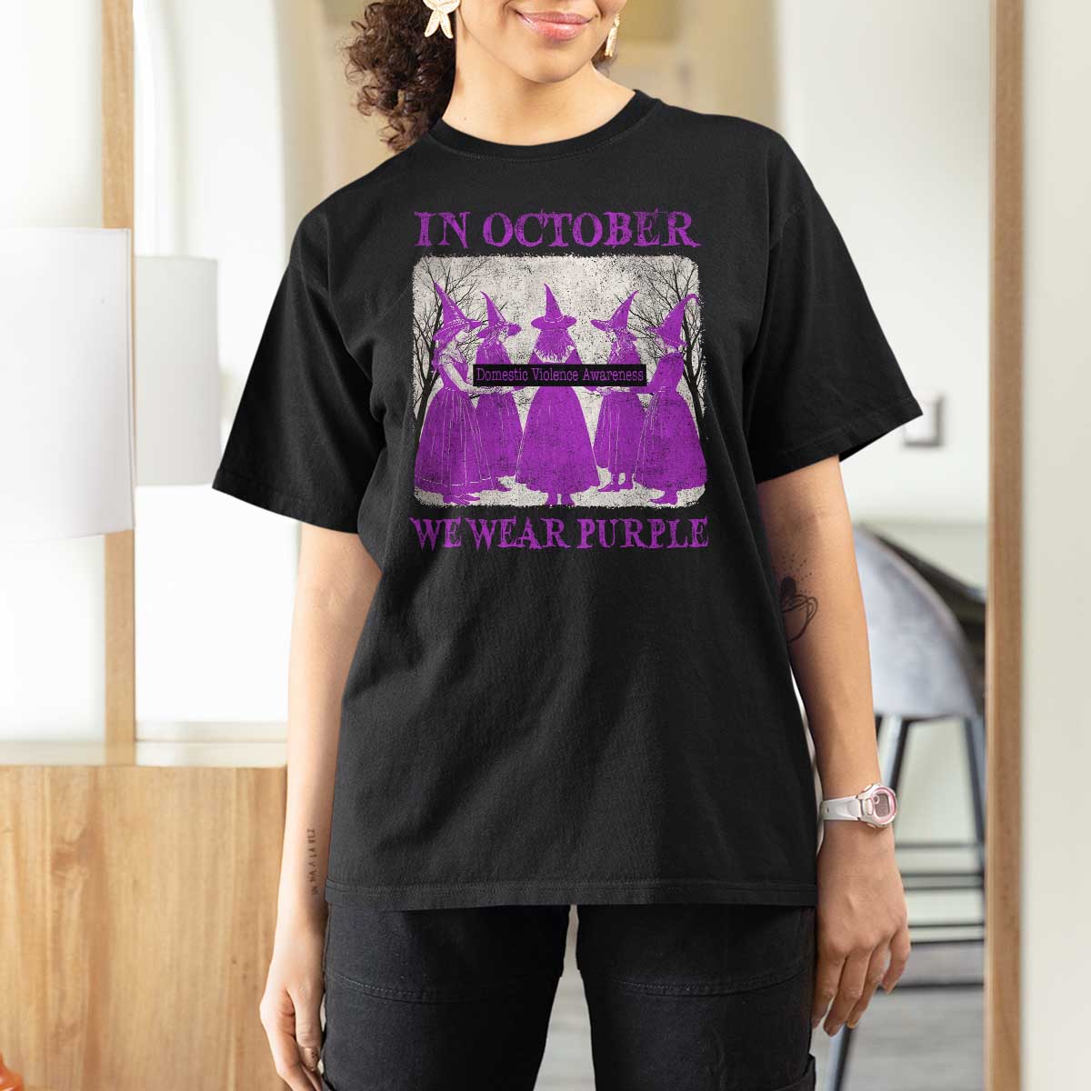 Retro In October We Wear Purple Witch Domestic Violence Awareness T Shirt For Women - Wonder Print Shop
