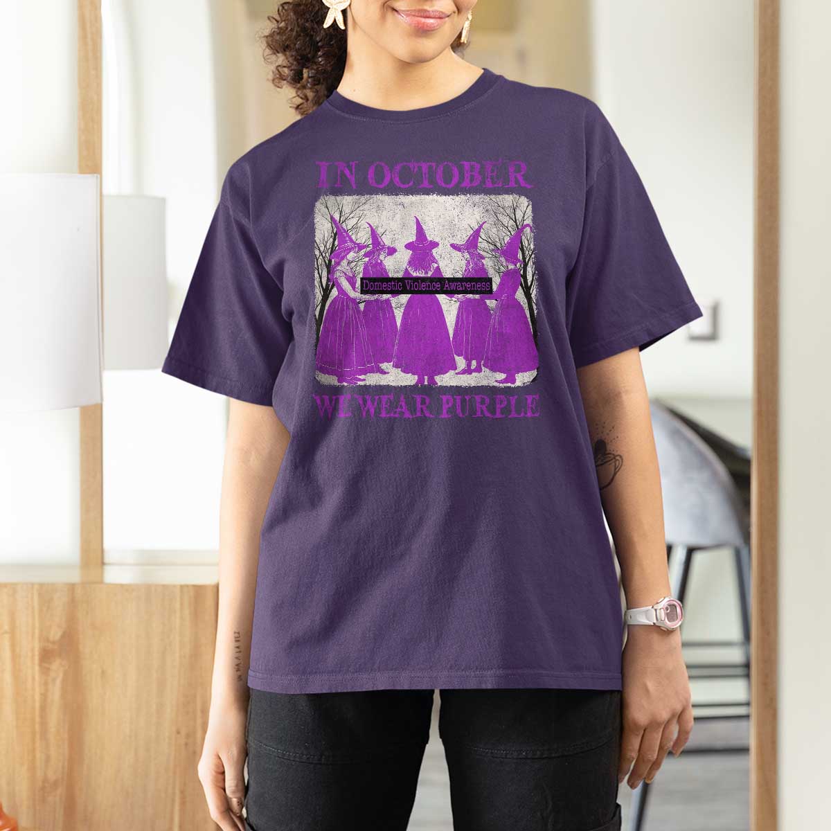Retro In October We Wear Purple Witch Domestic Violence Awareness T Shirt For Women - Wonder Print Shop