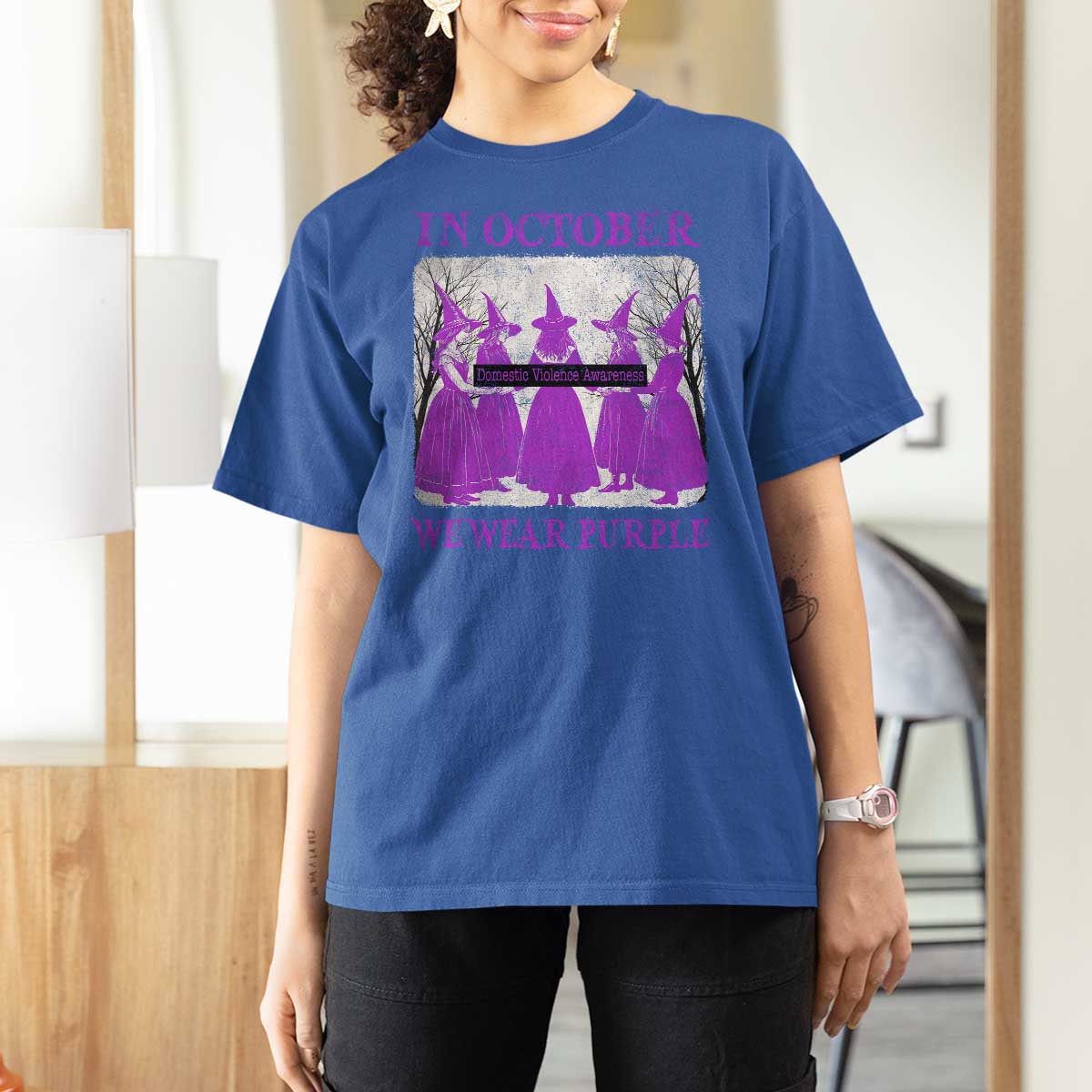 Retro In October We Wear Purple Witch Domestic Violence Awareness T Shirt For Women - Wonder Print Shop