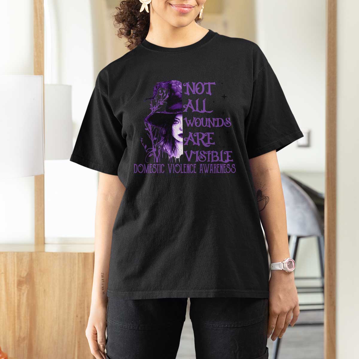 Stop Domestic Violence T Shirt For Women Purple Ribbon Witch Graphic Witchy Feminist