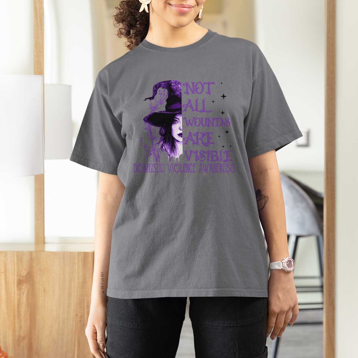 Stop Domestic Violence T Shirt For Women Purple Ribbon Witch Graphic Witchy Feminist