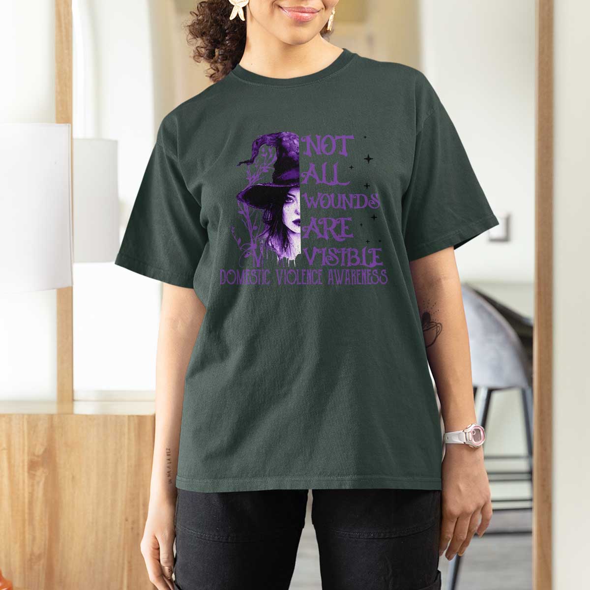 Stop Domestic Violence T Shirt For Women Purple Ribbon Witch Graphic Witchy Feminist