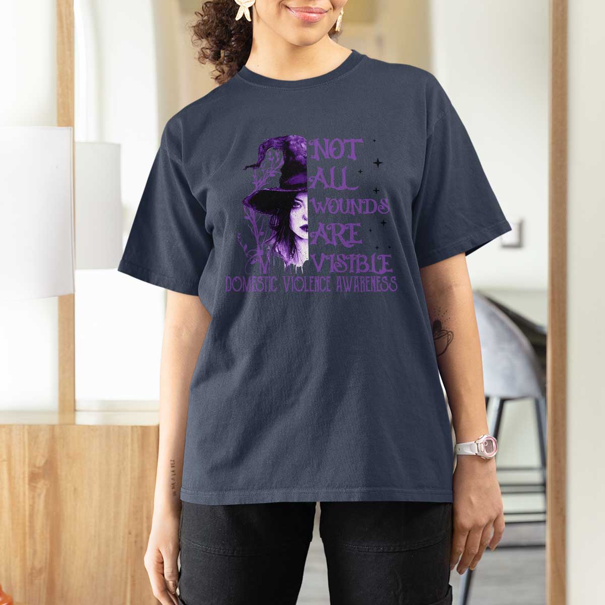 Stop Domestic Violence T Shirt For Women Purple Ribbon Witch Graphic Witchy Feminist