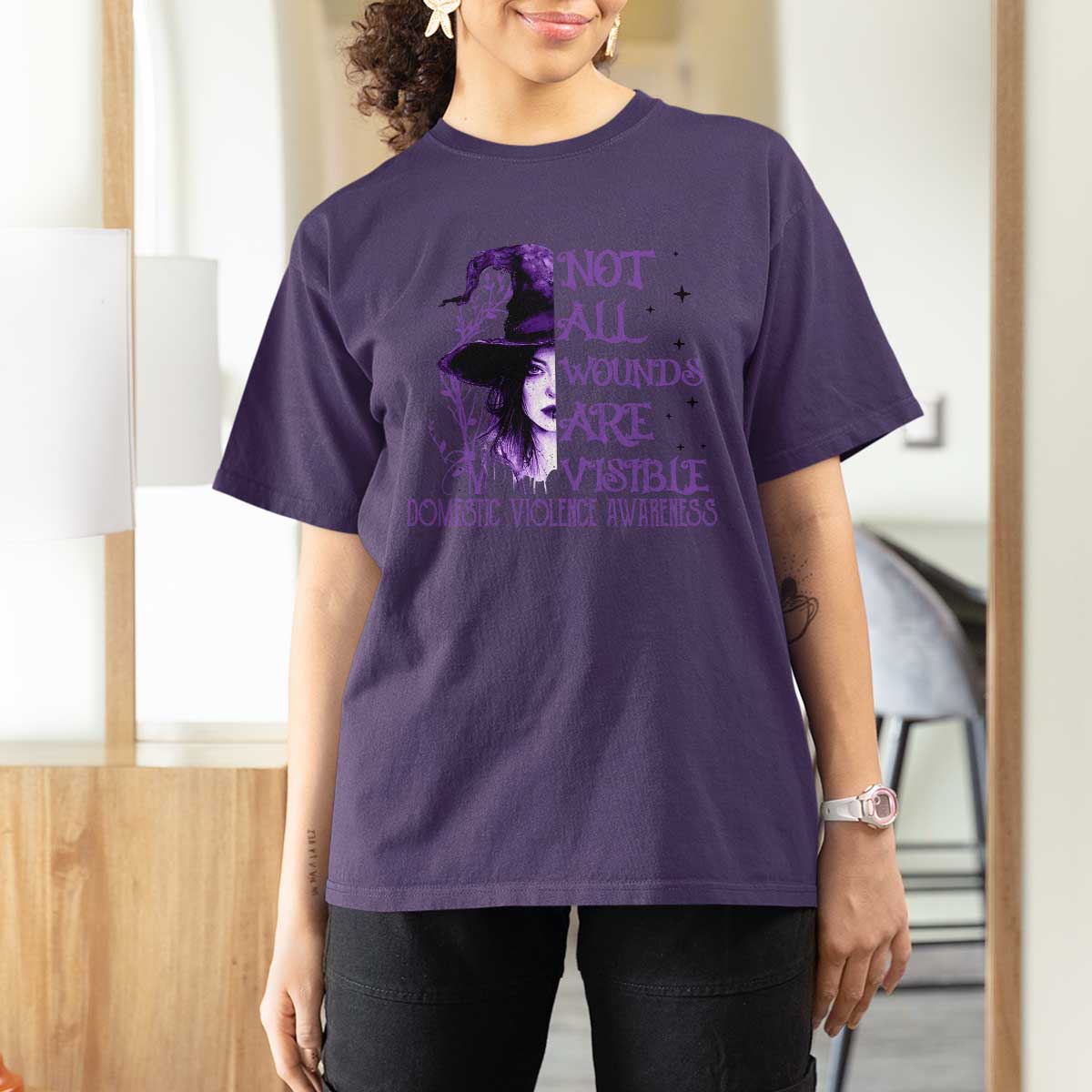 Stop Domestic Violence T Shirt For Women Purple Ribbon Witch Graphic Witchy Feminist