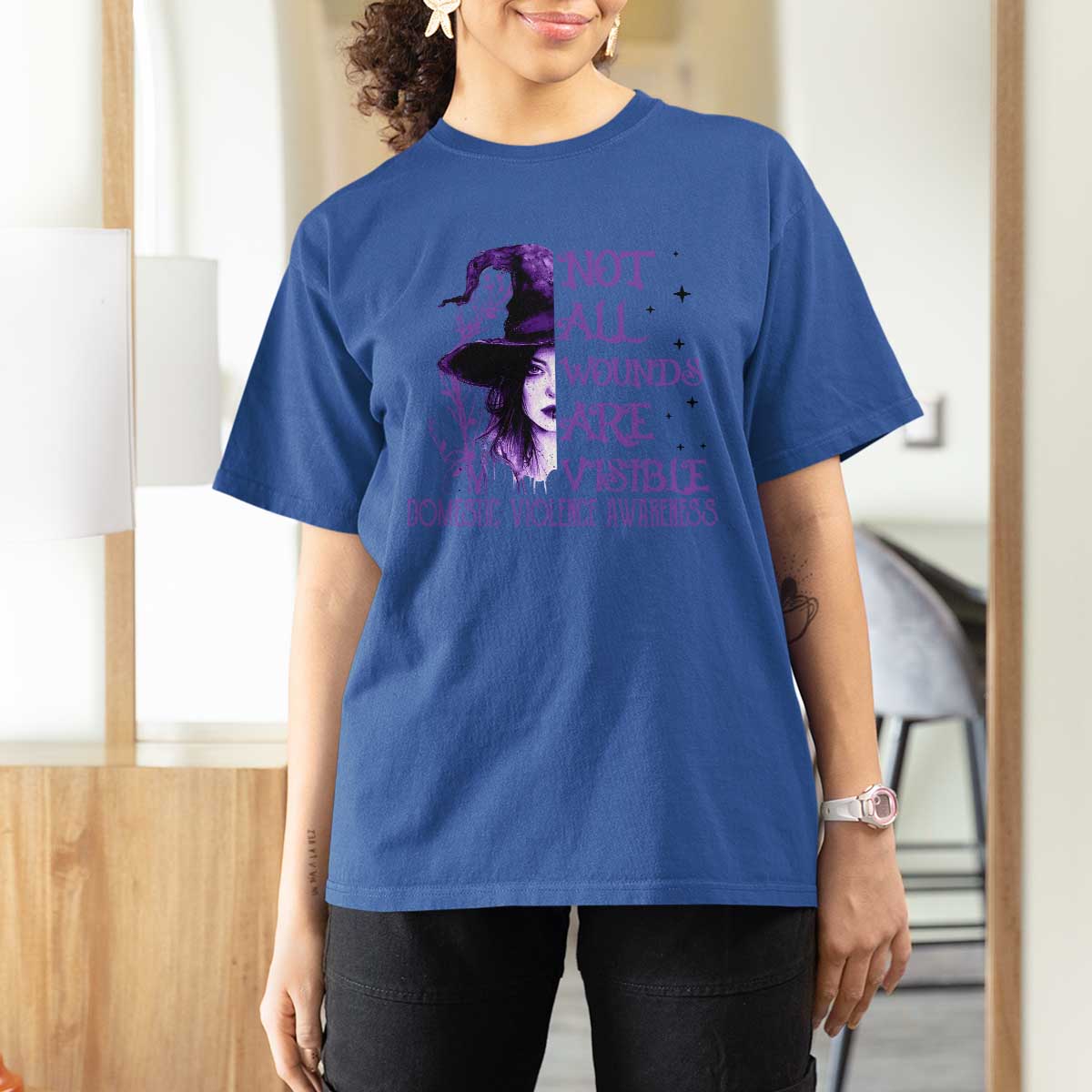 Stop Domestic Violence T Shirt For Women Purple Ribbon Witch Graphic Witchy Feminist
