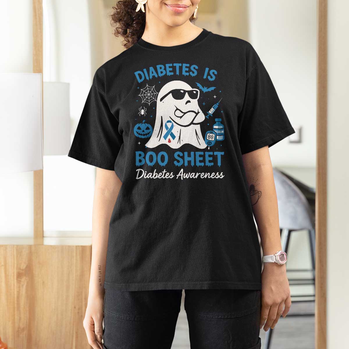 Diabetes is Boo Sheet T Shirt For Women Funny Halloween Ghost Diabetes Type 1 2 Awareness - Wonder Print Shop