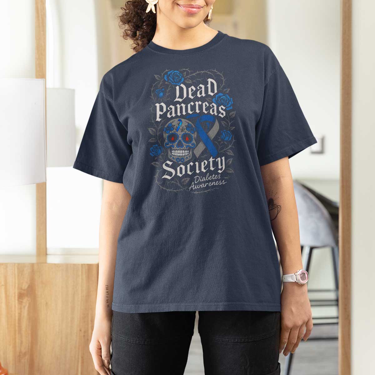 Funny Diabetes Type 1 Awareness T Shirt For Women Dead Pancreas Society Sugar Skull - Wonder Print Shop