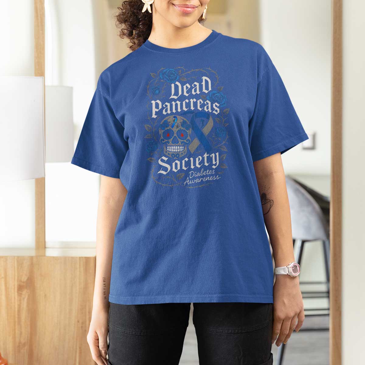 Funny Diabetes Type 1 Awareness T Shirt For Women Dead Pancreas Society Sugar Skull - Wonder Print Shop