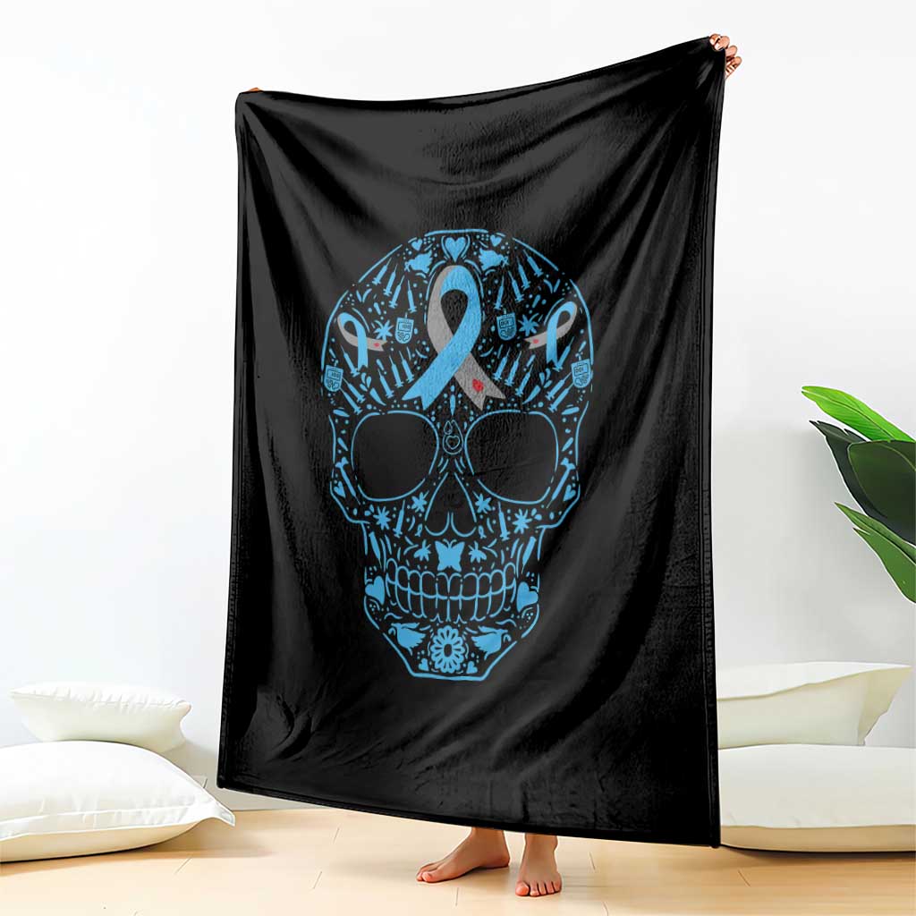 Diabetes Awareness Skull Throw Blanket Blue Ribbon T1D Support Sugar Skull - Wonder Print Shop