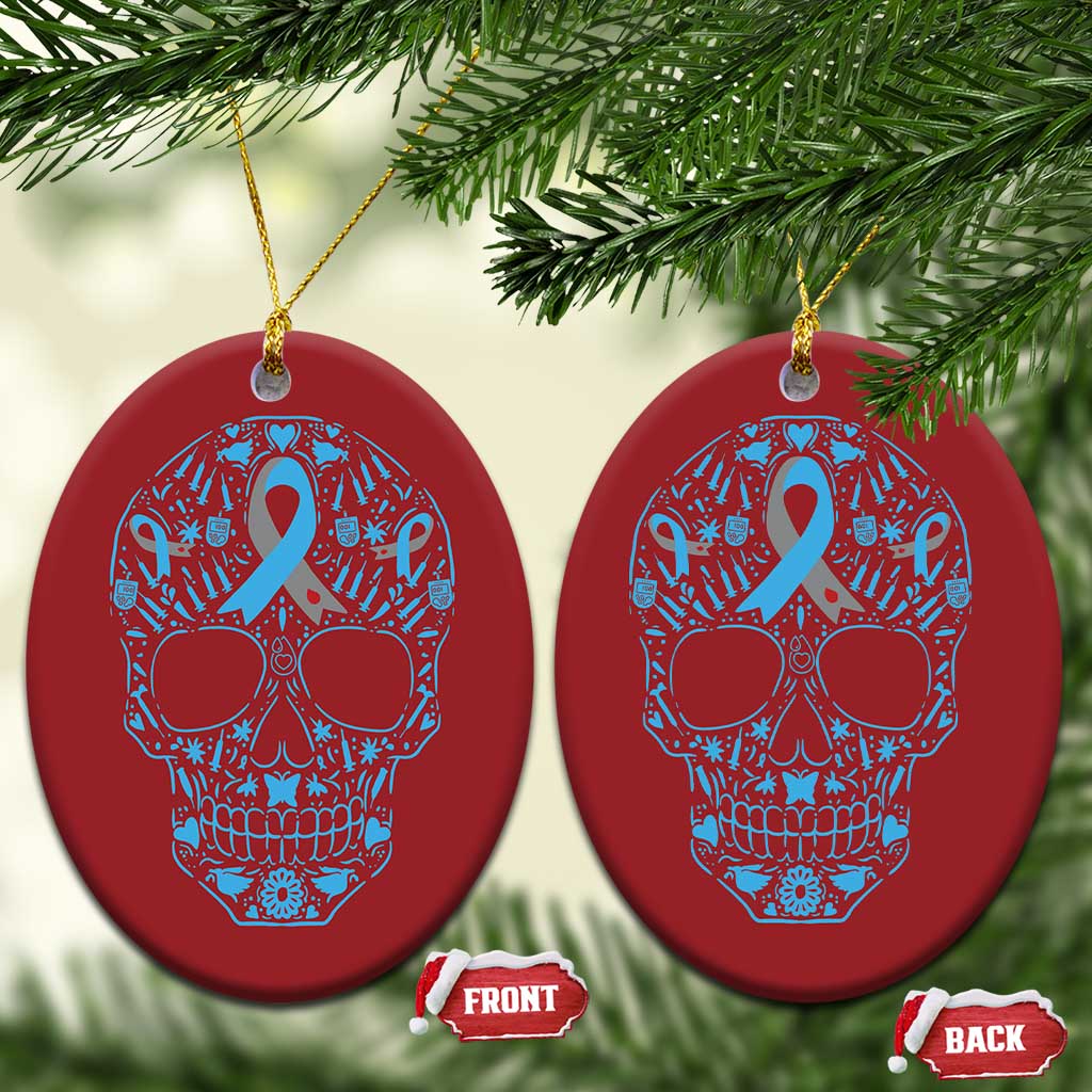 Diabetes Awareness Skull Christmas Ornament Blue Ribbon T1D Support Sugar Skull - Wonder Print Shop