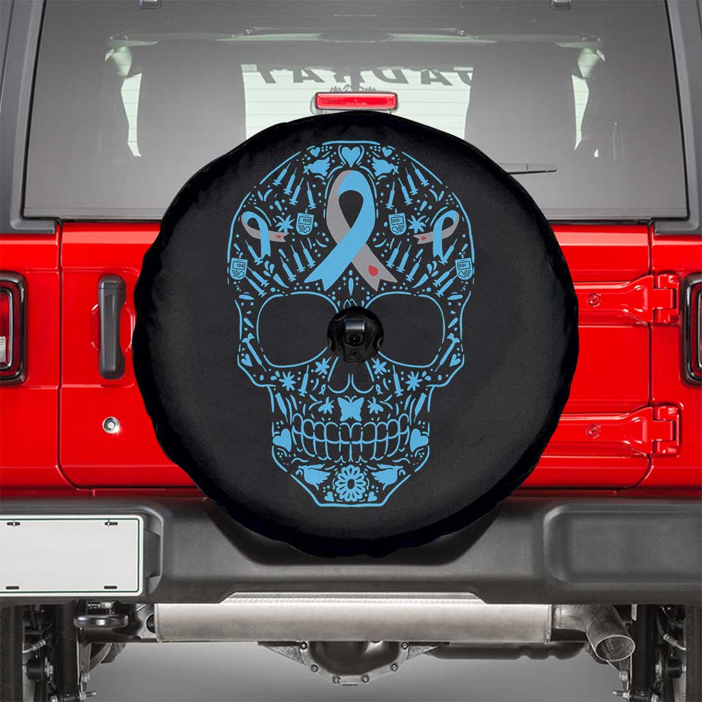 Diabetes Awareness Skull Spare Tire Cover Blue Ribbon T1D Support Sugar Skull - Wonder Print Shop