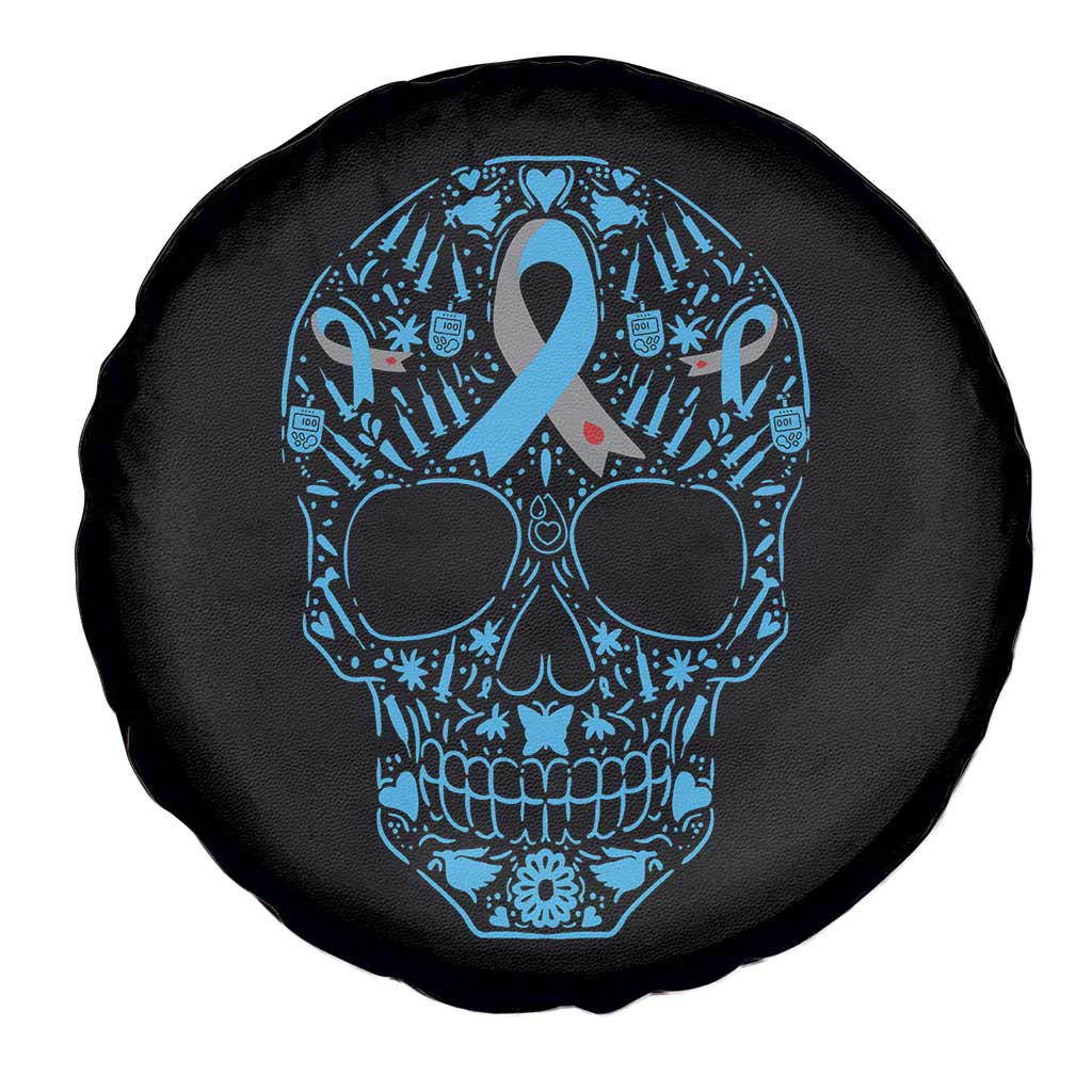 Diabetes Awareness Skull Spare Tire Cover Blue Ribbon T1D Support Sugar Skull - Wonder Print Shop