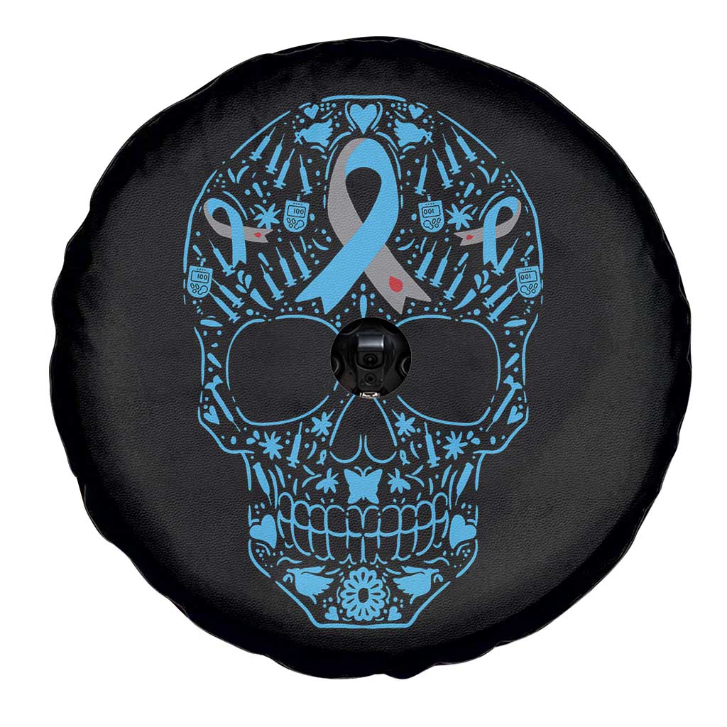 Diabetes Awareness Skull Spare Tire Cover Blue Ribbon T1D Support Sugar Skull - Wonder Print Shop