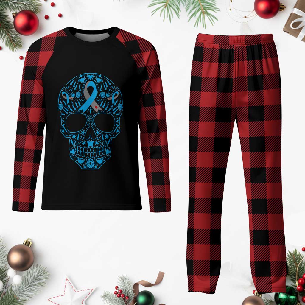 Diabetes Awareness Skull Plaid Pajama Set Blue Ribbon T1D Support Sugar Skull - Wonder Print Shop