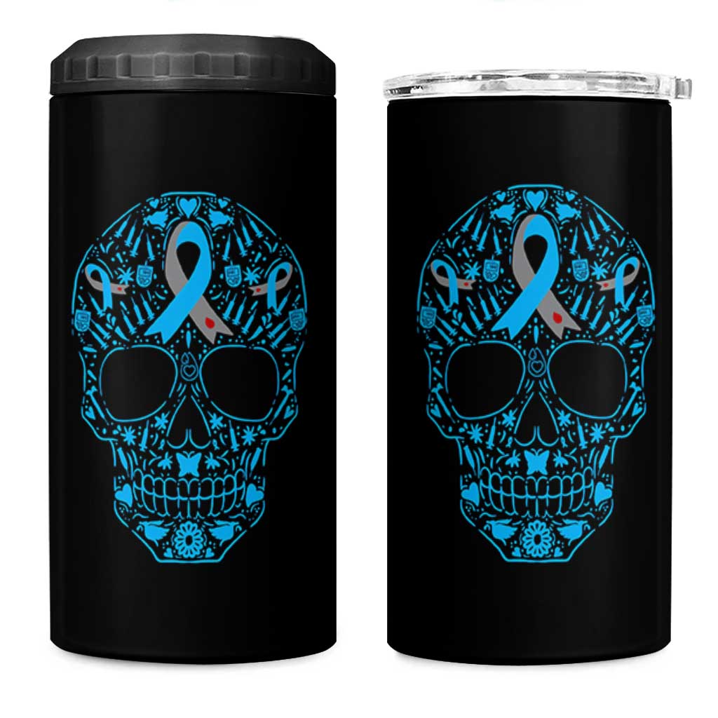 Diabetes Awareness Skull 4 in 1 Can Cooler Tumbler Blue Ribbon T1D Support Sugar Skull - Wonder Print Shop