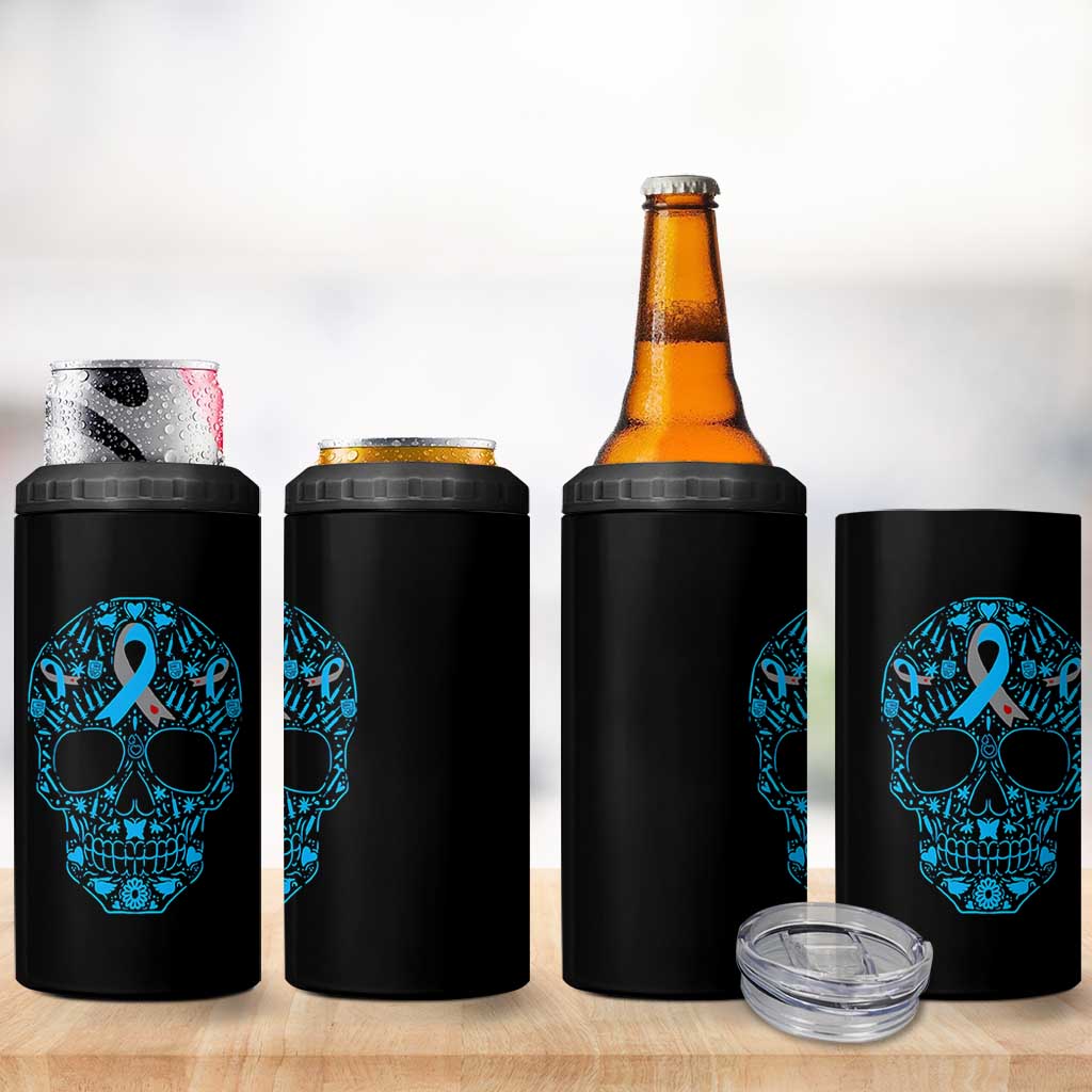 Diabetes Awareness Skull 4 in 1 Can Cooler Tumbler Blue Ribbon T1D Support Sugar Skull - Wonder Print Shop