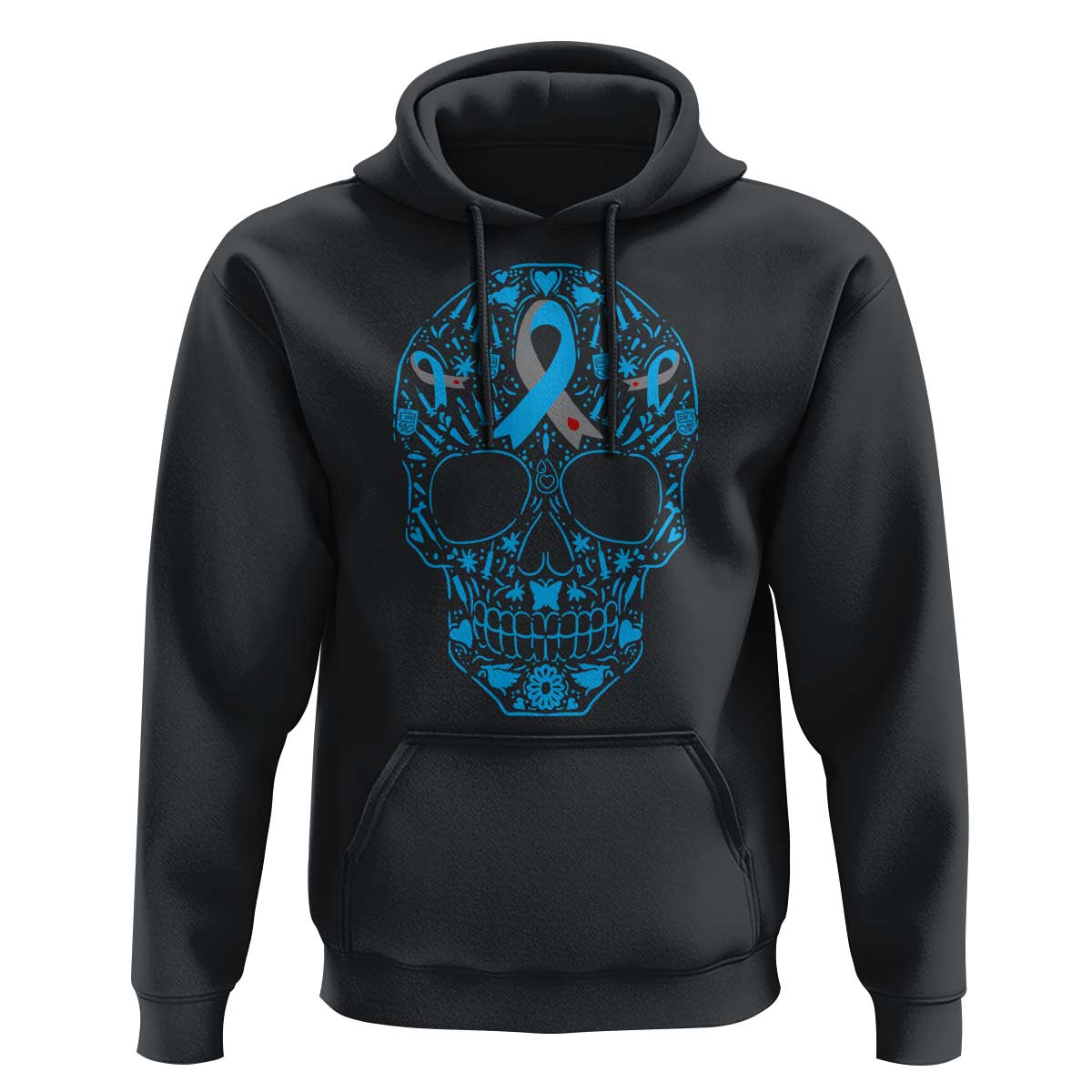 Diabetes Awareness Skull Hoodie Blue Ribbon T1D Support Sugar Skull - Wonder Print Shop