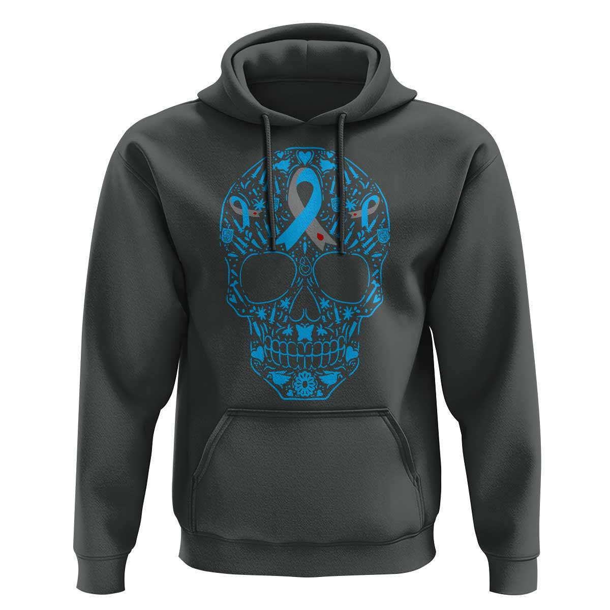 Diabetes Awareness Skull Hoodie Blue Ribbon T1D Support Sugar Skull - Wonder Print Shop