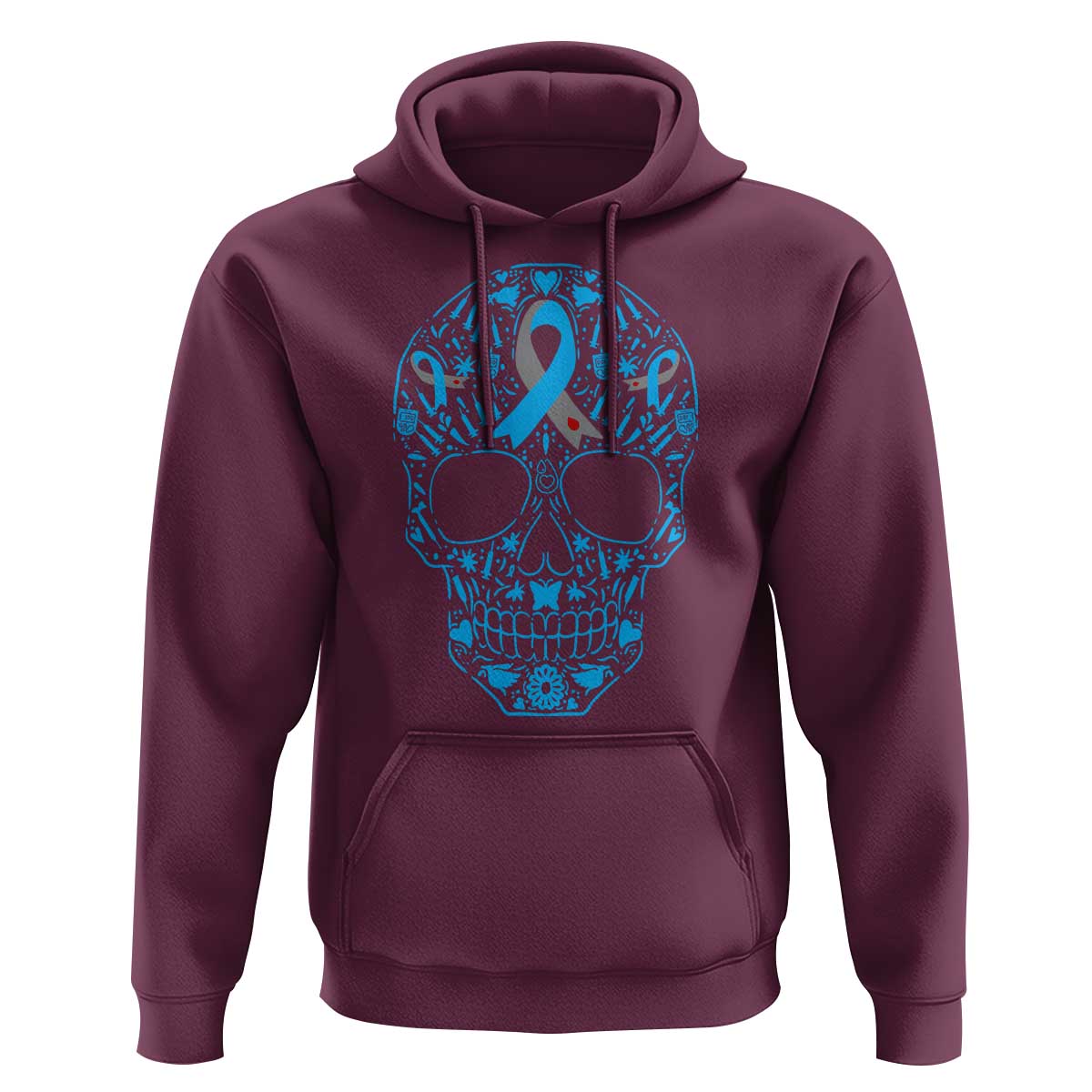 Diabetes Awareness Skull Hoodie Blue Ribbon T1D Support Sugar Skull - Wonder Print Shop