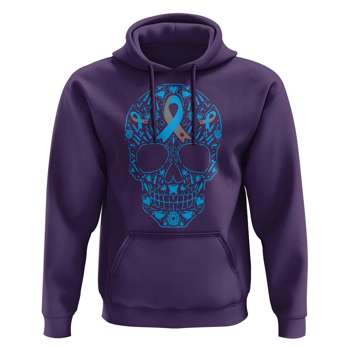 Diabetes Awareness Skull Hoodie Blue Ribbon T1D Support Sugar Skull - Wonder Print Shop