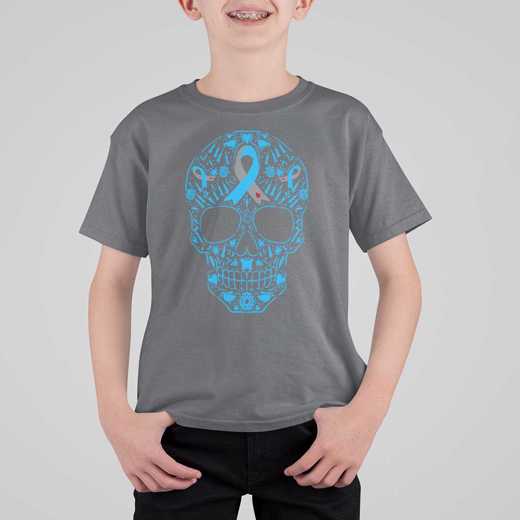 Diabetes Awareness Skull T Shirt For Kid Blue Ribbon T1D Support Sugar Skull - Wonder Print Shop