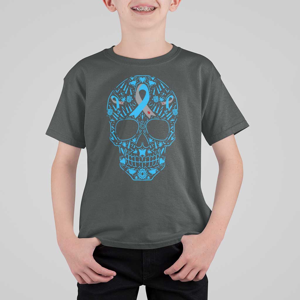 Diabetes Awareness Skull T Shirt For Kid Blue Ribbon T1D Support Sugar Skull - Wonder Print Shop
