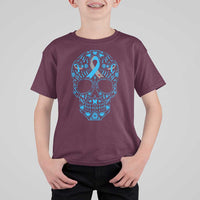 Diabetes Awareness Skull T Shirt For Kid Blue Ribbon T1D Support Sugar Skull - Wonder Print Shop