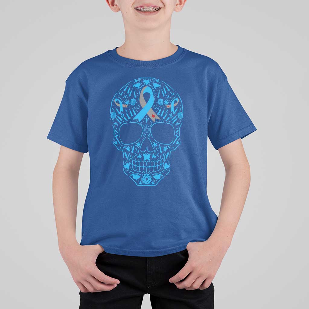 Diabetes Awareness Skull T Shirt For Kid Blue Ribbon T1D Support Sugar Skull - Wonder Print Shop