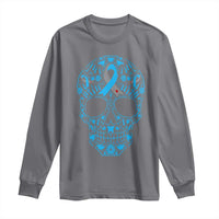 Diabetes Awareness Skull Long Sleeve Shirt Blue Ribbon T1D Support Sugar Skull - Wonder Print Shop