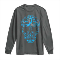 Diabetes Awareness Skull Long Sleeve Shirt Blue Ribbon T1D Support Sugar Skull - Wonder Print Shop