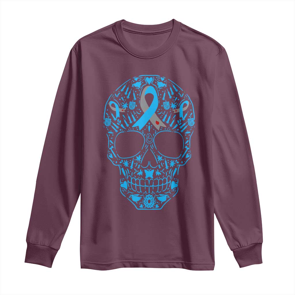 Diabetes Awareness Skull Long Sleeve Shirt Blue Ribbon T1D Support Sugar Skull - Wonder Print Shop