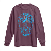 Diabetes Awareness Skull Long Sleeve Shirt Blue Ribbon T1D Support Sugar Skull - Wonder Print Shop