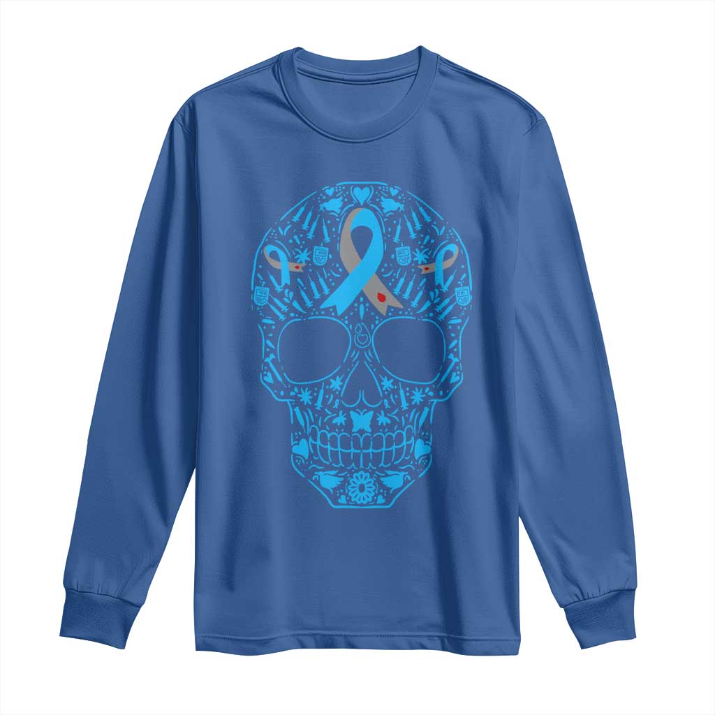 Diabetes Awareness Skull Long Sleeve Shirt Blue Ribbon T1D Support Sugar Skull - Wonder Print Shop
