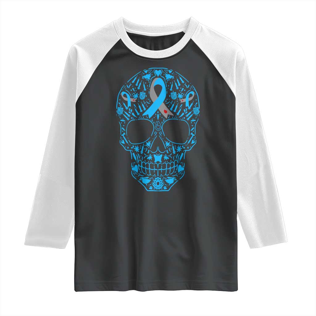 Diabetes Awareness Skull Raglan Shirt Blue Ribbon T1D Support Sugar Skull - Wonder Print Shop