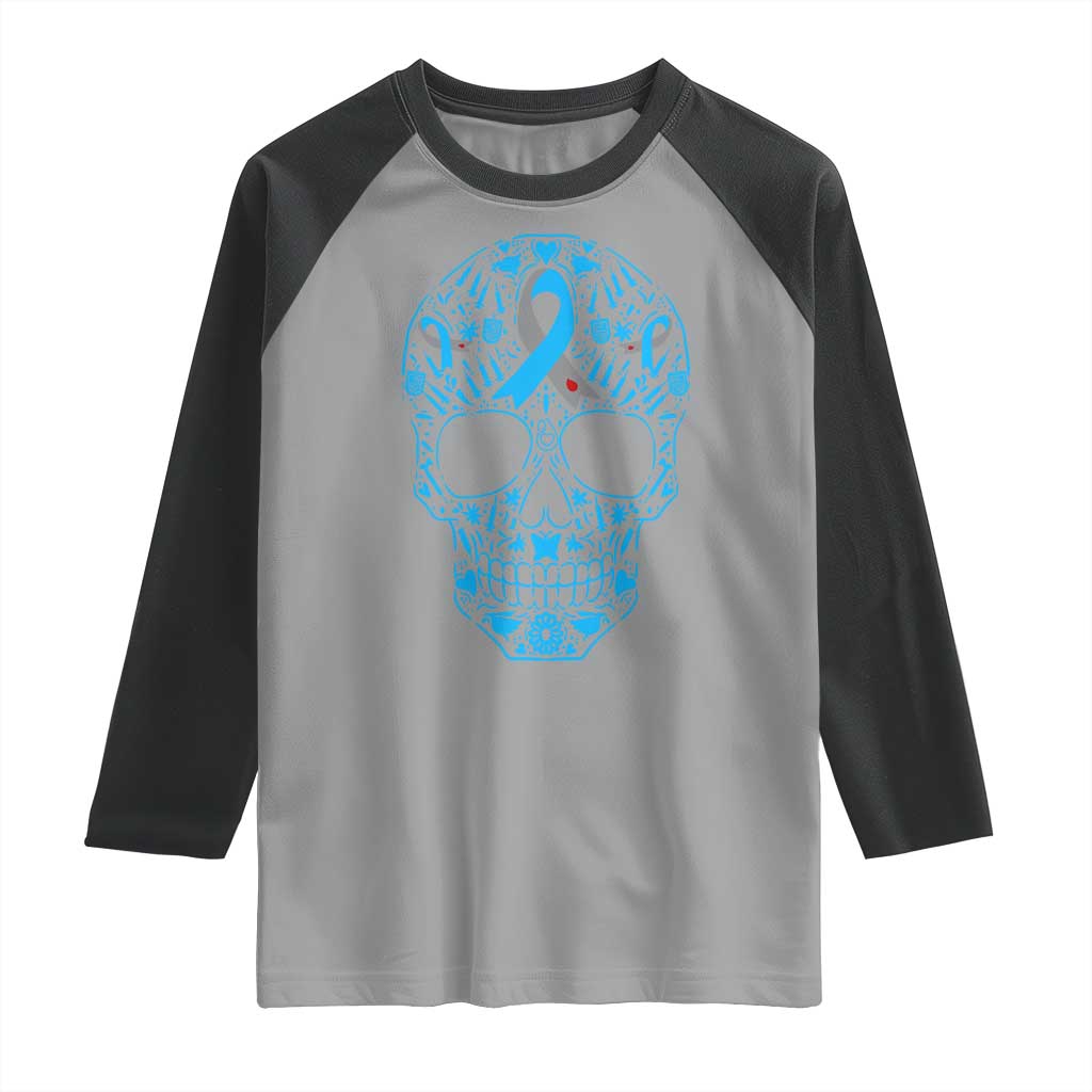 Diabetes Awareness Skull Raglan Shirt Blue Ribbon T1D Support Sugar Skull - Wonder Print Shop