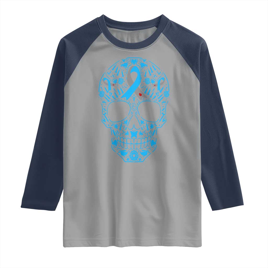 Diabetes Awareness Skull Raglan Shirt Blue Ribbon T1D Support Sugar Skull - Wonder Print Shop