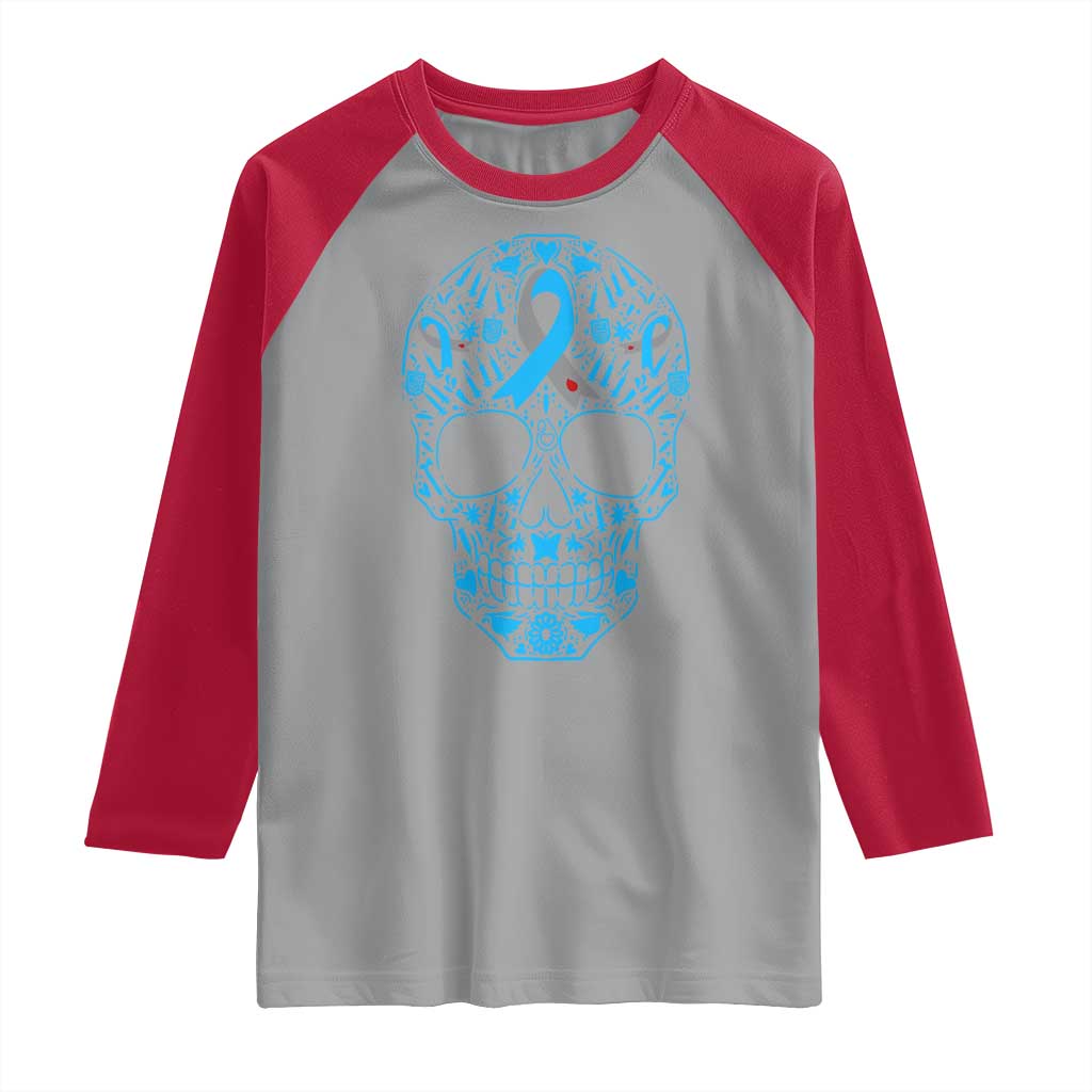 Diabetes Awareness Skull Raglan Shirt Blue Ribbon T1D Support Sugar Skull - Wonder Print Shop