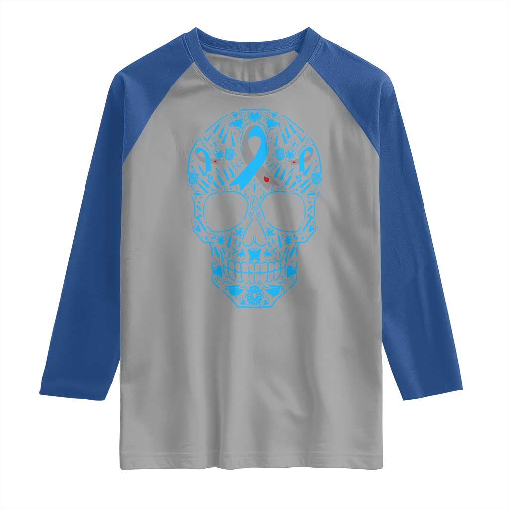 Diabetes Awareness Skull Raglan Shirt Blue Ribbon T1D Support Sugar Skull - Wonder Print Shop