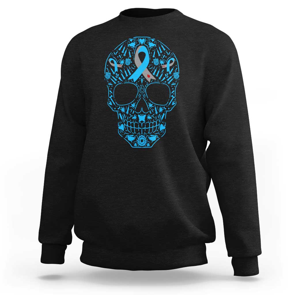 Diabetes Awareness Skull Sweatshirt Blue Ribbon T1D Support Sugar Skull - Wonder Print Shop