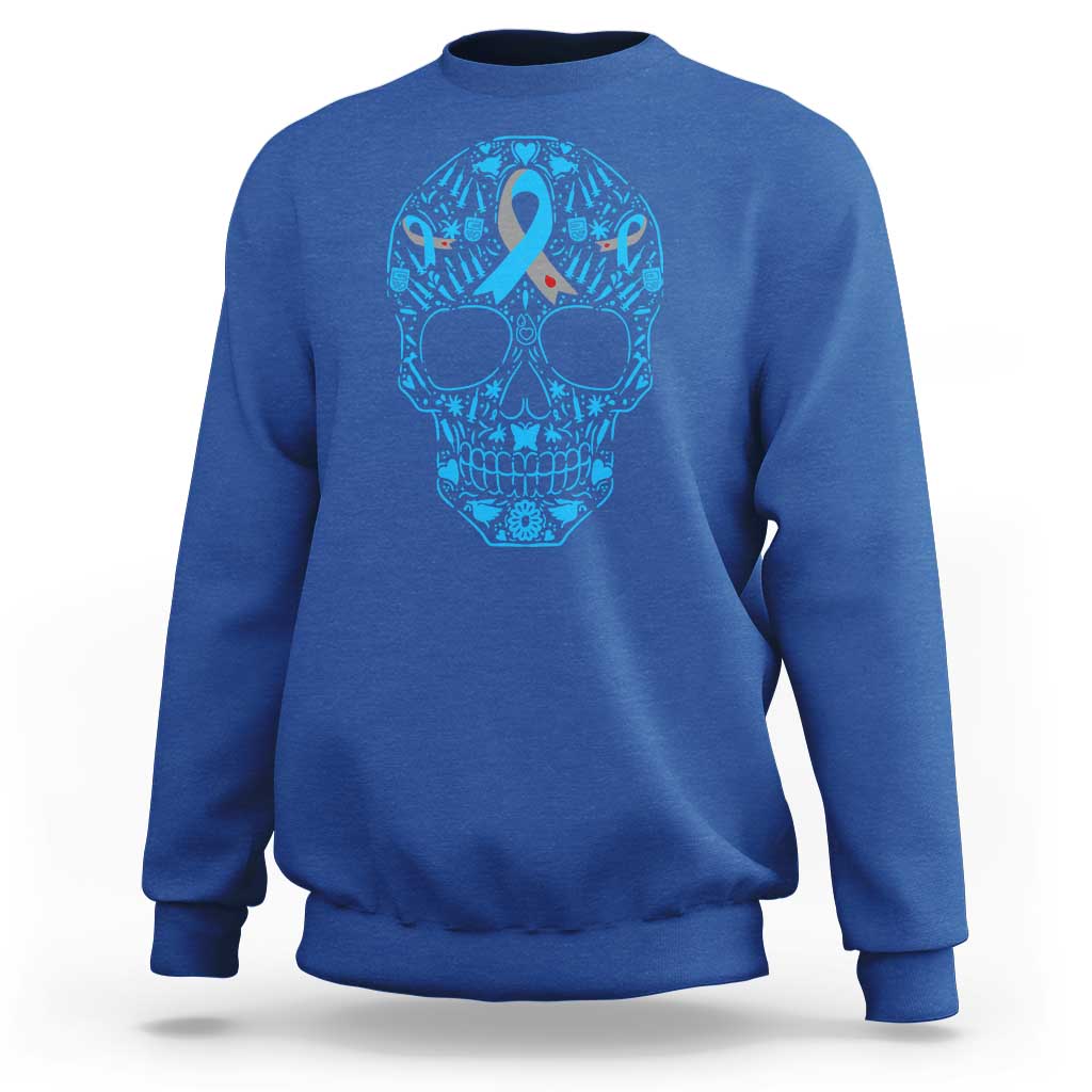 Diabetes Awareness Skull Sweatshirt Blue Ribbon T1D Support Sugar Skull - Wonder Print Shop