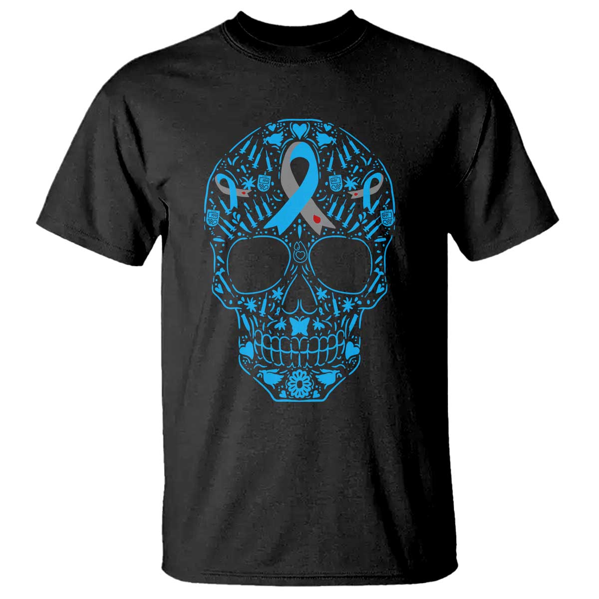 Diabetes Awareness Skull T Shirt Blue Ribbon T1D Support Sugar Skull - Wonder Print Shop