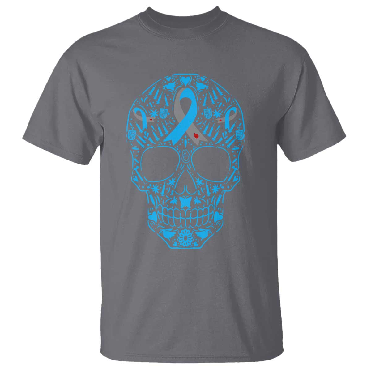 Diabetes Awareness Skull T Shirt Blue Ribbon T1D Support Sugar Skull - Wonder Print Shop