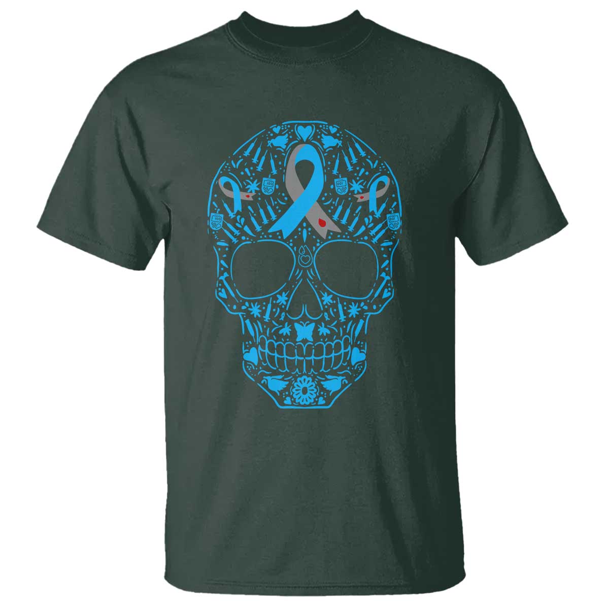 Diabetes Awareness Skull T Shirt Blue Ribbon T1D Support Sugar Skull - Wonder Print Shop