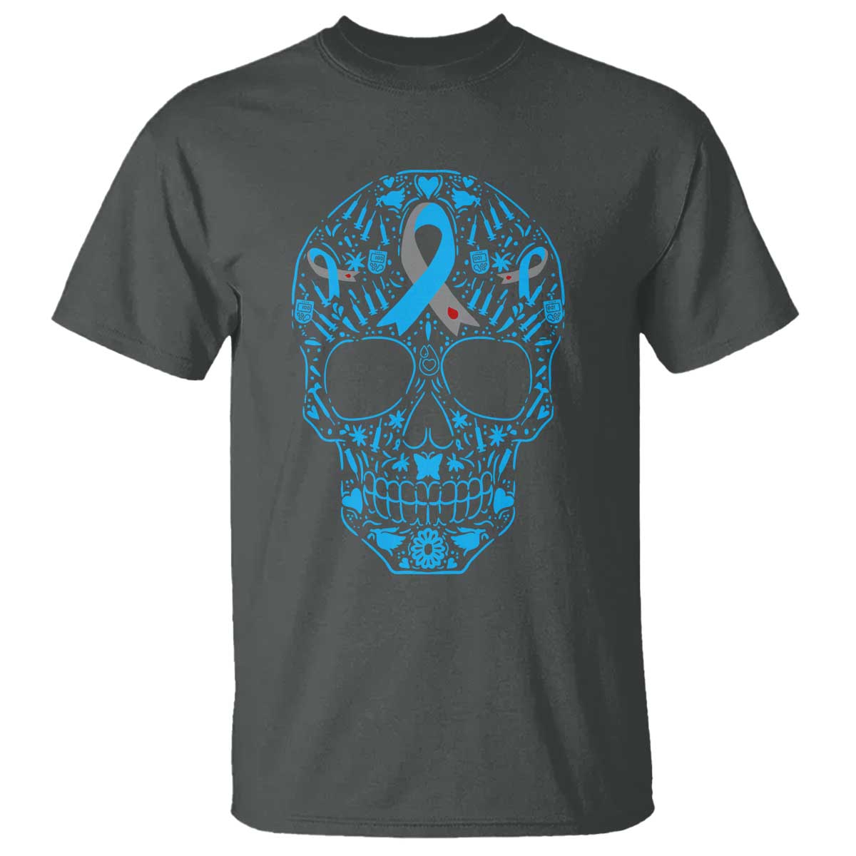 Diabetes Awareness Skull T Shirt Blue Ribbon T1D Support Sugar Skull - Wonder Print Shop