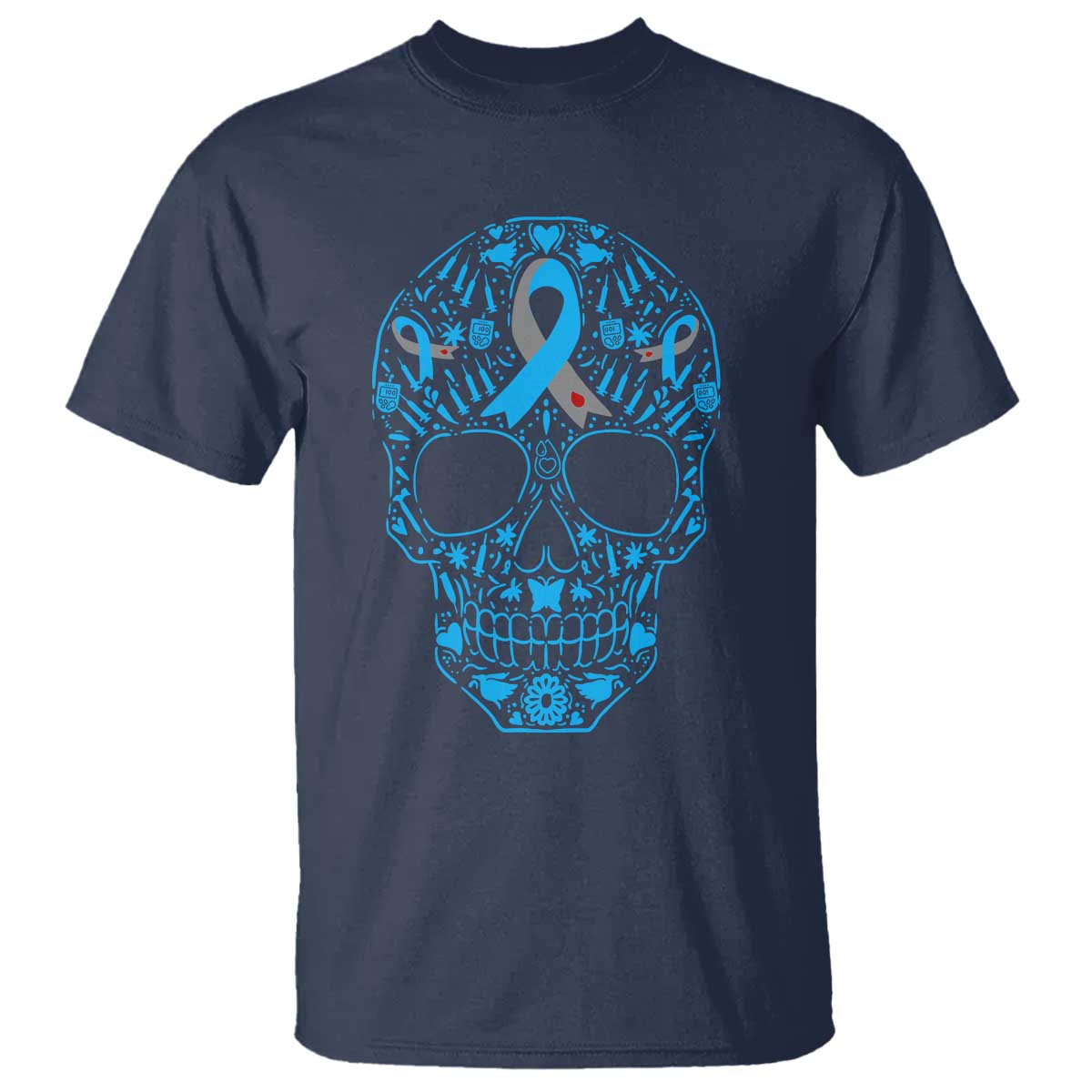 Diabetes Awareness Skull T Shirt Blue Ribbon T1D Support Sugar Skull - Wonder Print Shop