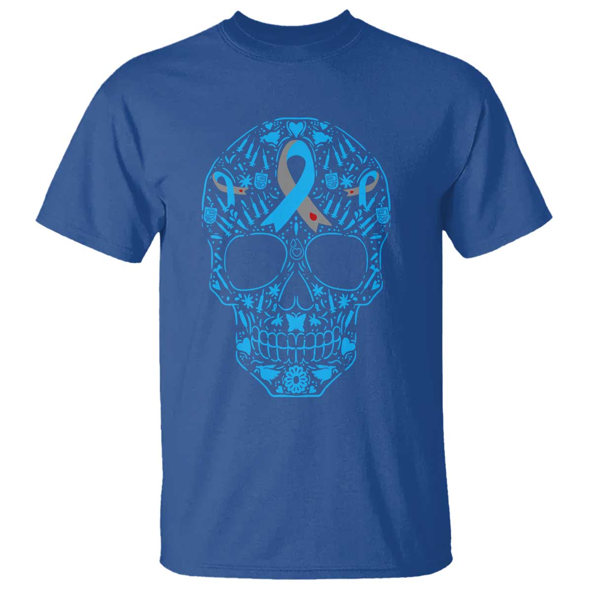 Diabetes Awareness Skull T Shirt Blue Ribbon T1D Support Sugar Skull - Wonder Print Shop